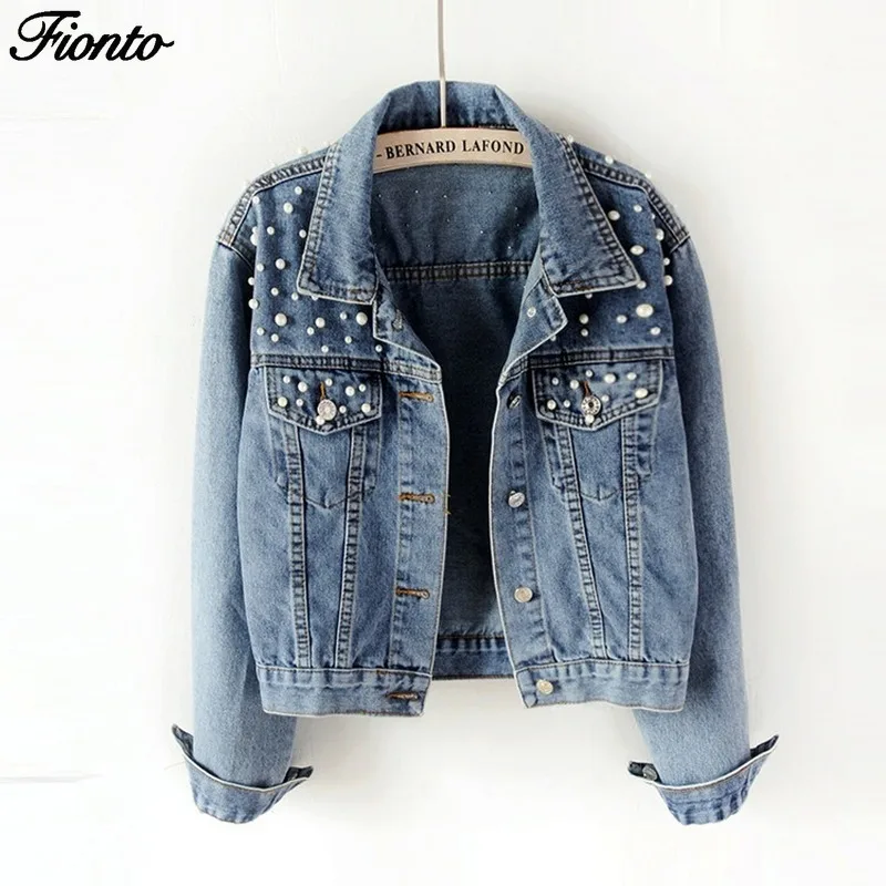 FIONTO Plus Size Pearl Beading Short Denim Jackets Women White Wash Long Sleeve Vintage Casual Jean Jacket Bomber Coat CA2320/5 | Женская
