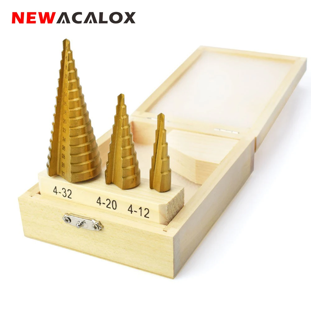 NEWACALOX большой шаг конус HSS Сталь спираль рифленые Шаг сверло отверстие резак инструмент для резки на возраст от 4 до 12 лет/20/32 мм с деревянной коробке 3 шт./компл
