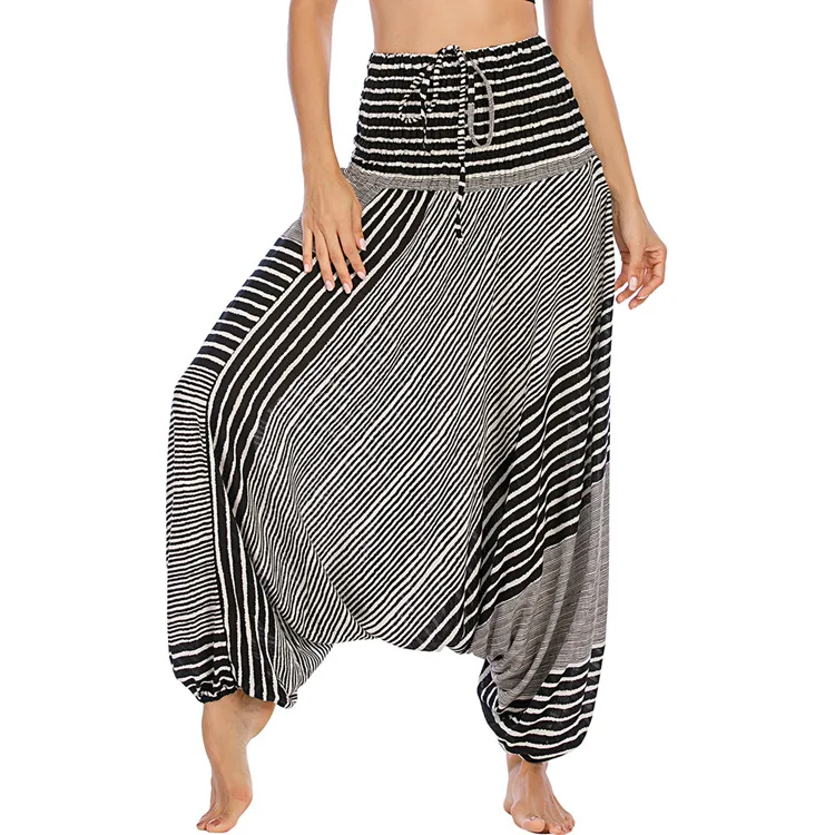 

Bohemia Female Casual High Waist Pants Woman Elastici Waist Drastring Harem Pants Irregular Striped Printed Loose Big Fork Pants