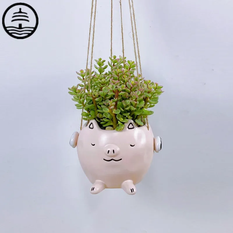 

BAO GUANG TA Nordic Pink Little Pig Vase Art Sculpture Ceramics Craft Hemp Rope Hanging Type Animal Flower Pots Decoration R5766