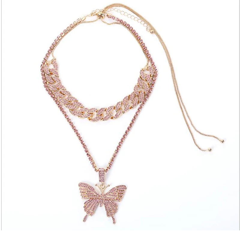 

Trendy Women Necklace Set Rhinestone Butterfly Pendant Alloy Luxury Cuban Tennis Chain Ladies Vintage Fashion Exquisite Jewelry