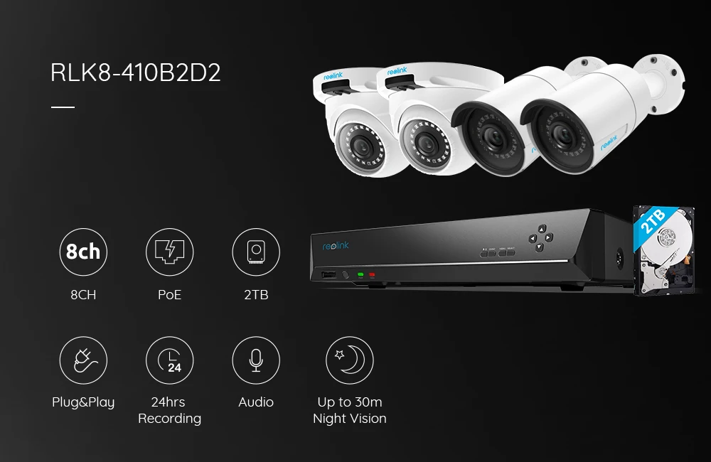 Reolink 8ch 4MP PoE NVR С Видеокамерами 2 Пули и 2 Купола hd 4MP POE IP Камера Уличное Видеонаблюдение Система Камеры 2 ТБ RLK8-410B2D2