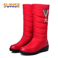 2022 plus size red winter down women mid calf snow boots thick heel round toe crystal skull warm plush lady platform half boots