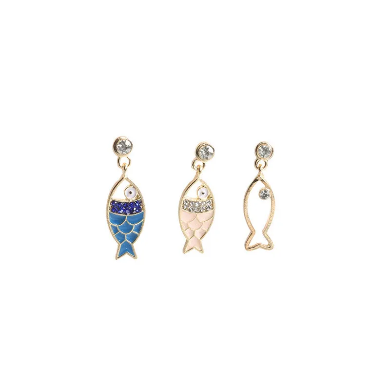 

3Pcs/set Bohemian Lovely Fish Shape Fashion Earrings Jewelry For Women Gold Color Hollow Blue Pink