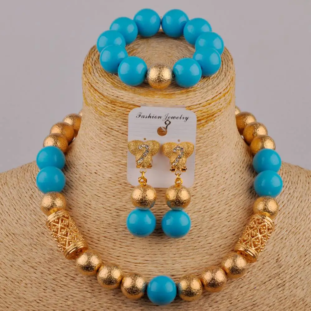 

Wedding Jewelry Lake Blue Glass Pearl Necklace African Wedding Beads Nigerian Bride Wedding Dress Accessories Set SH-140