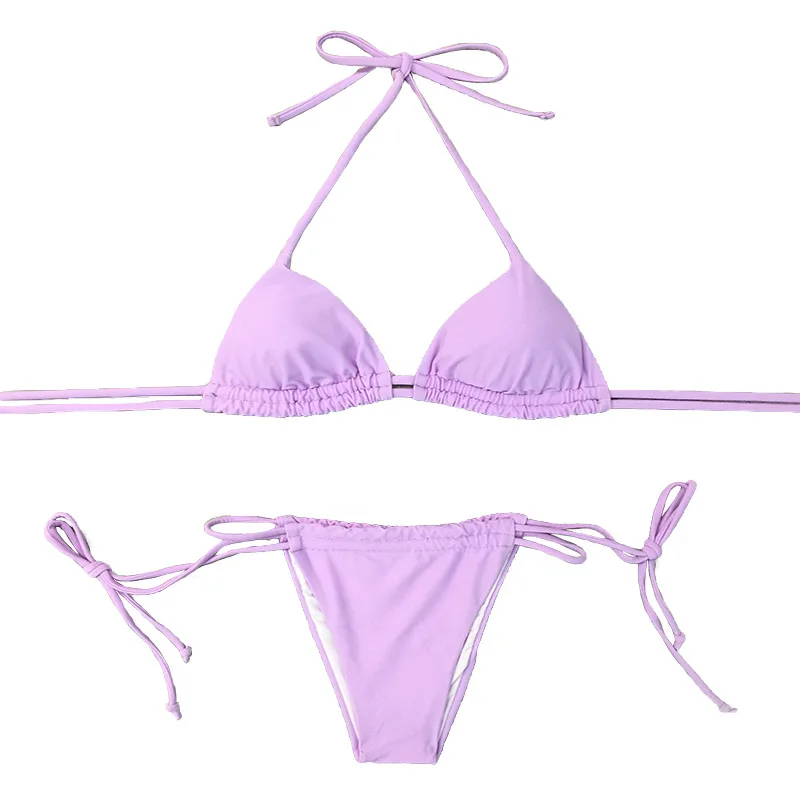

2021 Solid Color Bikini Set for Women Removable Padded Triangle Swimsuit Micro Thong Side Tie Bathing Suits