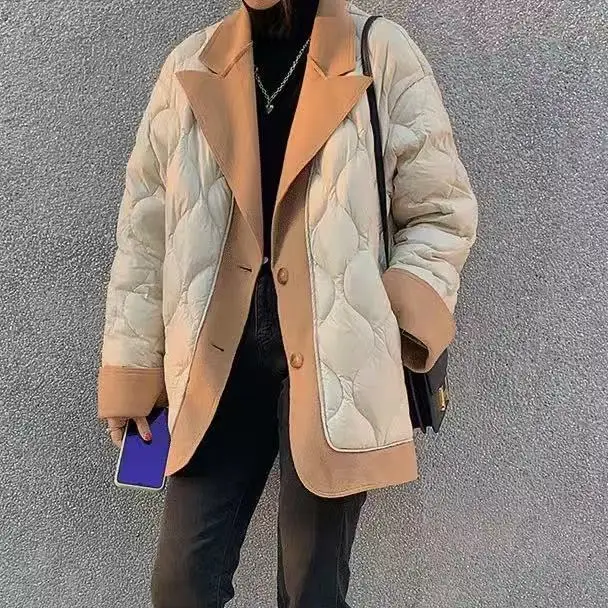 

Light and thin Korean autumn and winter coat short cotton suit collar stitched Ling grid cotton coat female
