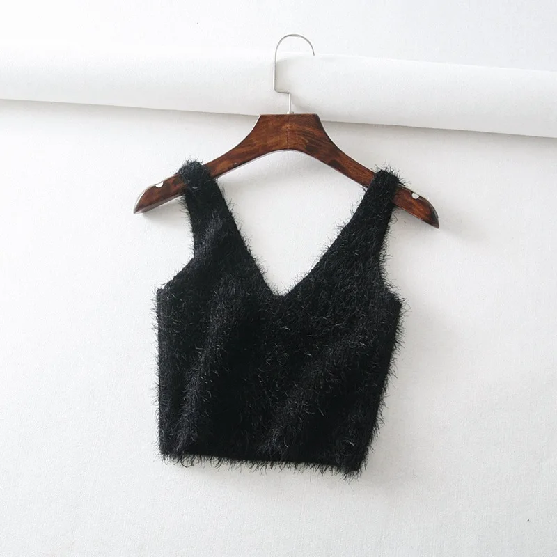 

Women Summer White Tank Top Kawaii Sexy Sleeveless Cropped Cute Tops V Neck Solid Fuzzy Crop Tops Soft Streetwear Indie Women
