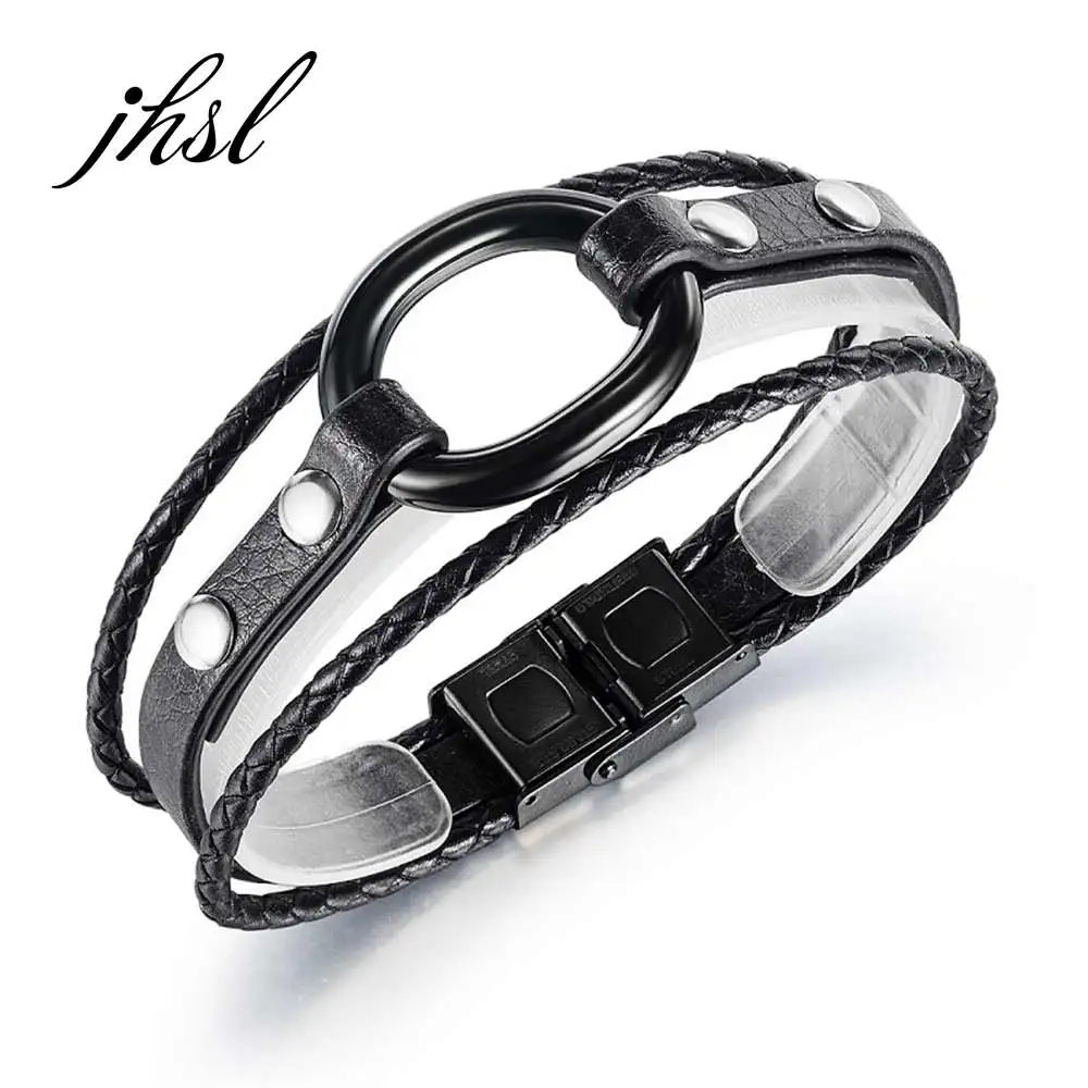 

JHSL Brand Men Statement Wrap Bracelets & Bangles High Quality PU Leather and Stainless Steel Boyfriend Gift New of 2020