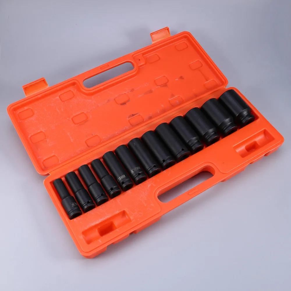 

13pcs Car Tire Protection Sleeves Wall Deep Impact Nut Steel Wheel Socket Car Sleeve Hand Tool Kit (Black)