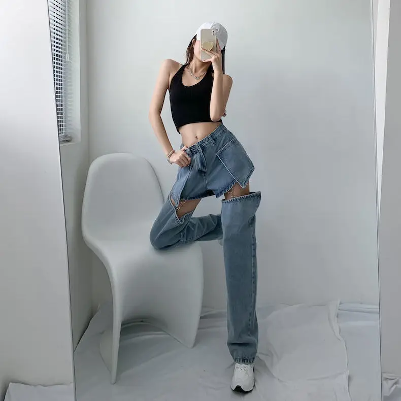 Джинсы женские рваные с высокой талией в стиле Харадзюку | Женская одежда