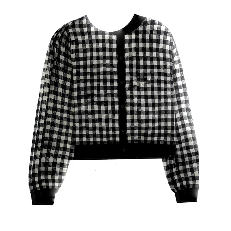 

2021 Spring New Style South Korea Chic Short Plaid Sweater Cardigan Women Loose Versatile Long-Sleeved Sweater Coat