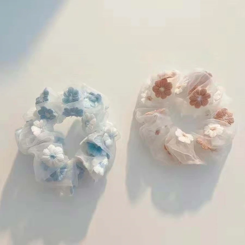 

Sweet Embroidery Flowers Mesh Scrunchies Women Romantic Pink Blue Hair Rope Transparent Tulle Organza Hair Ties Hair Accessories