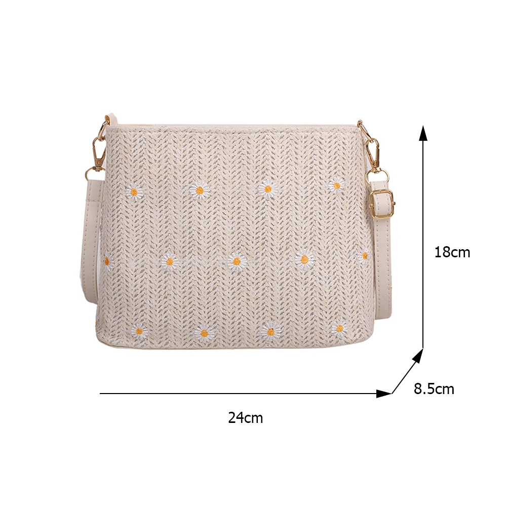 

Fashion Women Mesh Straw Woven Shoulder Crossbody Bag Daisy Embroidery Square Handbags Casual Ladies Small Messenger Bags