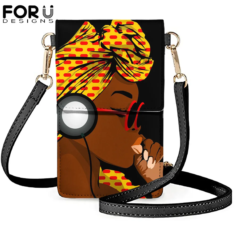 

FORUDESIGNS Black Afro Girls Print Women's Mobile Phone Bag Touchable PU Leather Change Bag Mini Messenger Shoulder Purse Female