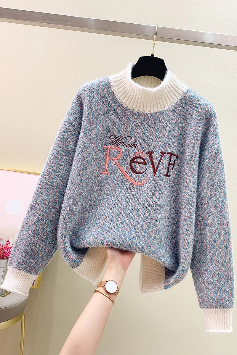 

2020 Winter Women's New Fashion Half-high Neck Sweater Pullover Loose Embroidered Letters Knitted Sweater Students Girls Tops