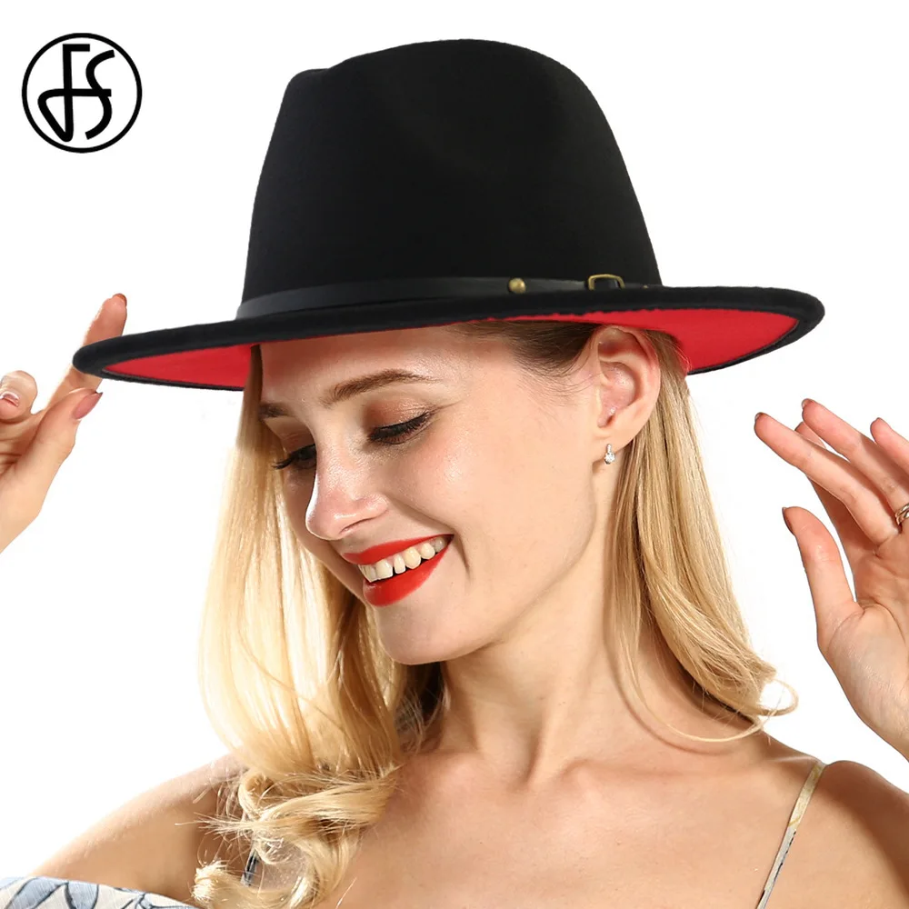 Мужская и женская фетровая шляпа FS черная красная с широкими полями вечерние