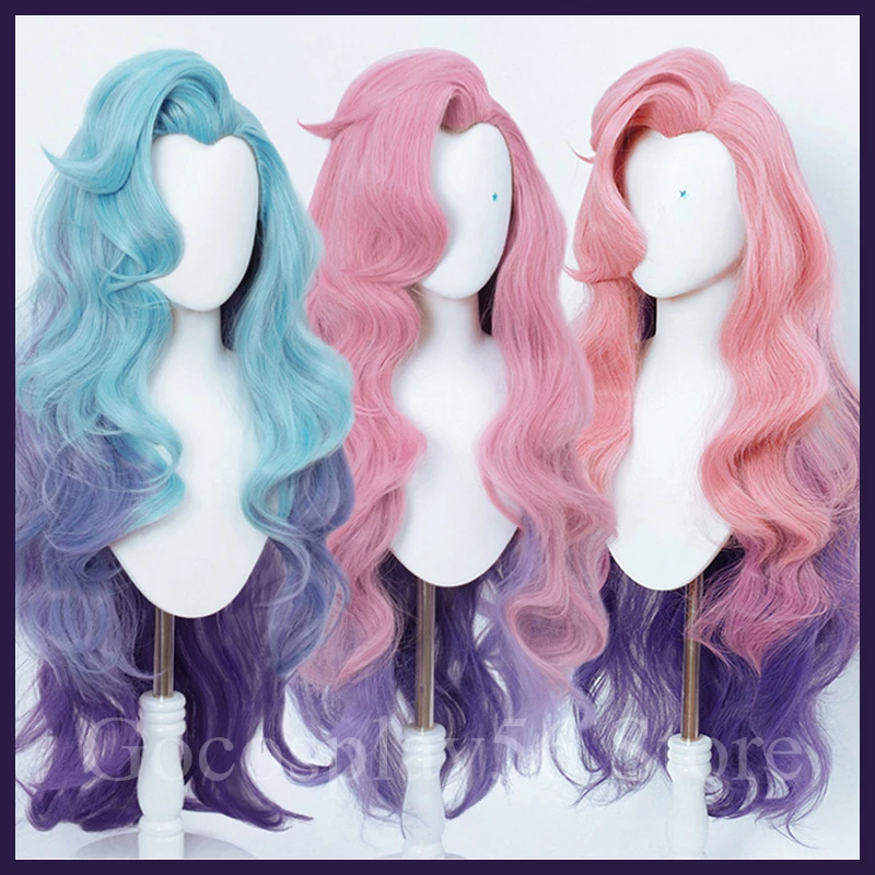 

3 Colors Seraphine Wig Stickers LoL Cosplay KDA Gradual Blue Purple Pink Long Wavy Synthetic Hair The Starry-eyed Songstress