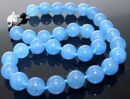 

new Necklace 10MM Blue Jade Necklace Round Gem Beads Knotted Choker Candy Jade 18"