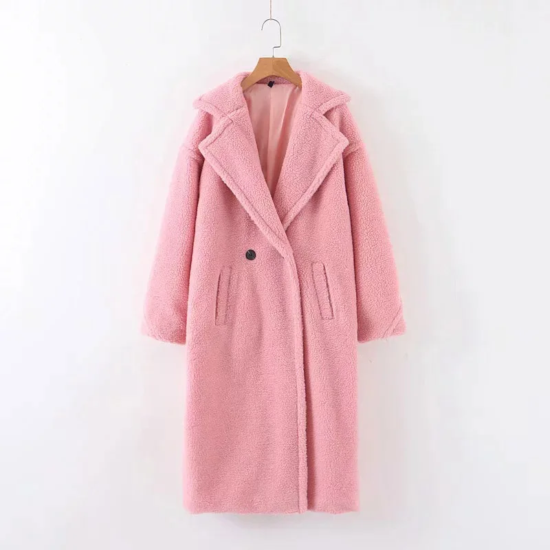 TXJRH стильная зимняя куртка из искусственного меха, сохраняющая тепло, Свободное пальто, длинный рукав, карман, воротник, длинная куртка, топы, 5 цветов - Цвет: Pink