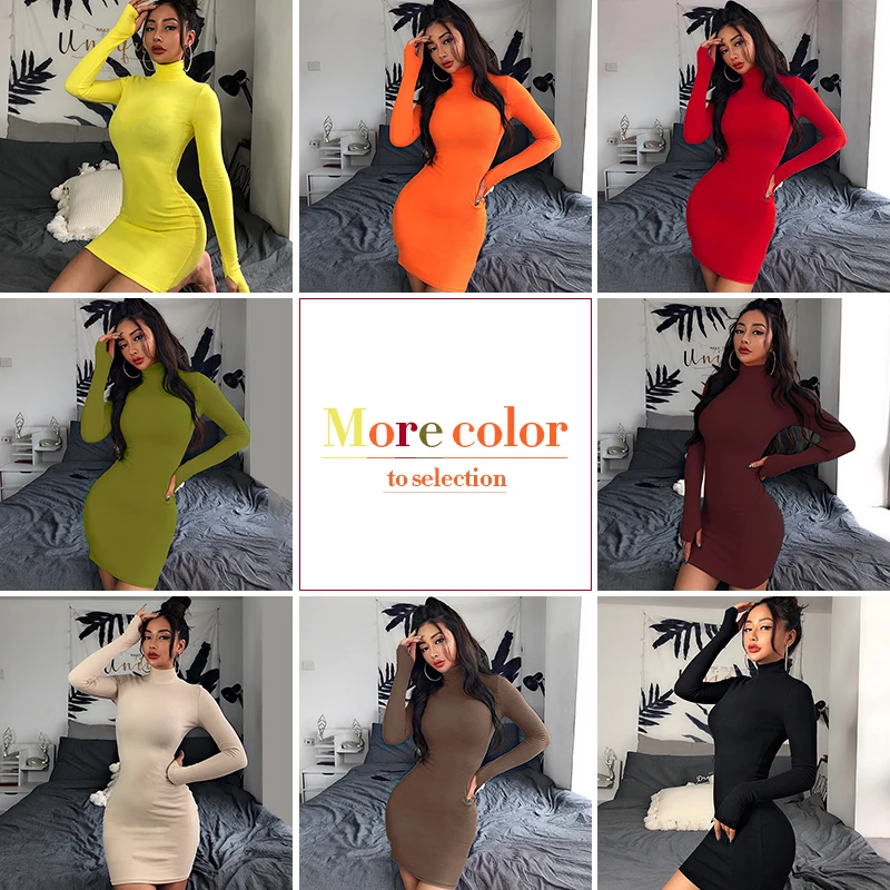 

InstaHot Turtleneck Long Sleeve Skinny Mini Dress Women Autumn Sexy Sporting Style Dresses 4 Color Bodycon Slim Yellow Clubwear