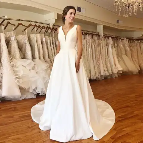 Cheapest A-line Wedding Dresses Elegant V-neck White Ivory Satin Vestido De Novia 2021 Backless Wedding Gowns Chapel Train