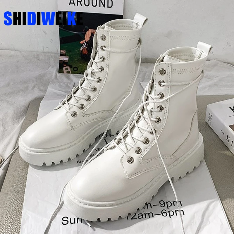 

Combat Boots Women White Leather Motorcycle Boots Mid Heeled Gothic Shoes Autumn Winter Warm Fashion Black Ankle Boots AD429