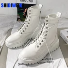 Ботинки женские кожаные, в готическом стиле, на среднем каблуке, белые, зимние, теплые, мотоциклетные, AD429