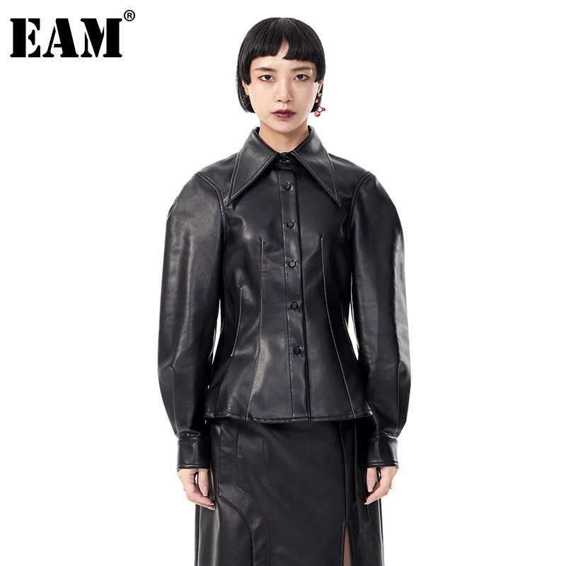 

[EAM] Loose Fit Black Pu Leather Topstitched Shaped Jacket New Lapel Long Sleeve Women Coat Fashion Spring Autumn 2021 1DE3041