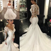 mermaid wedding dresses 2020 sheer long lace appliques sleeves trumpet see through back vintage vestidos de novia wedding gowns
