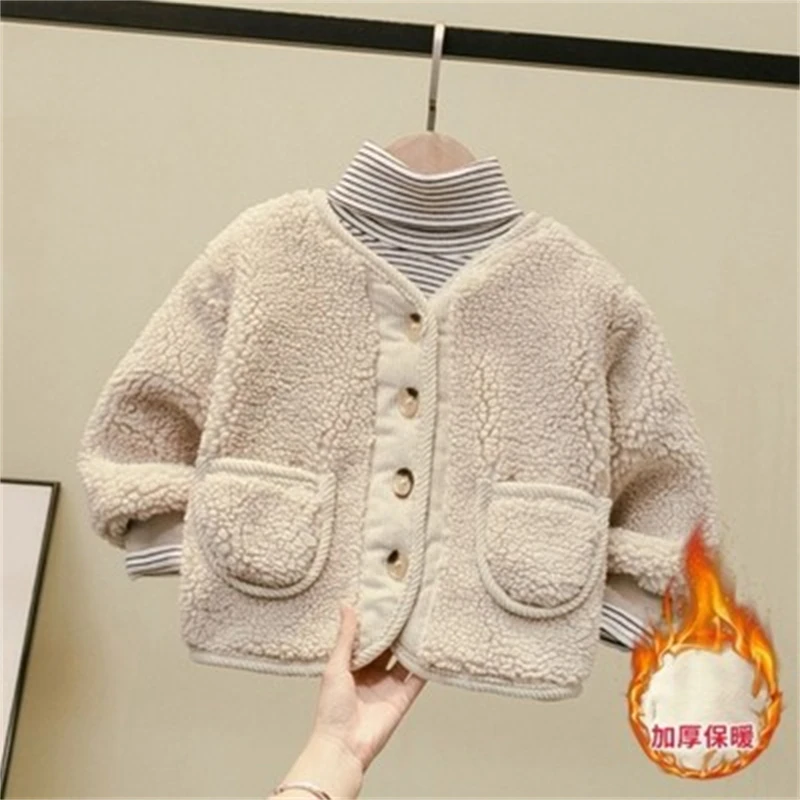 

Girls Coat Jacket Plus Velvet Thicken 2021 Beige Warm Winter Overcoat School Outdoor Sport Cotton Kids Teenagers Children's Clot