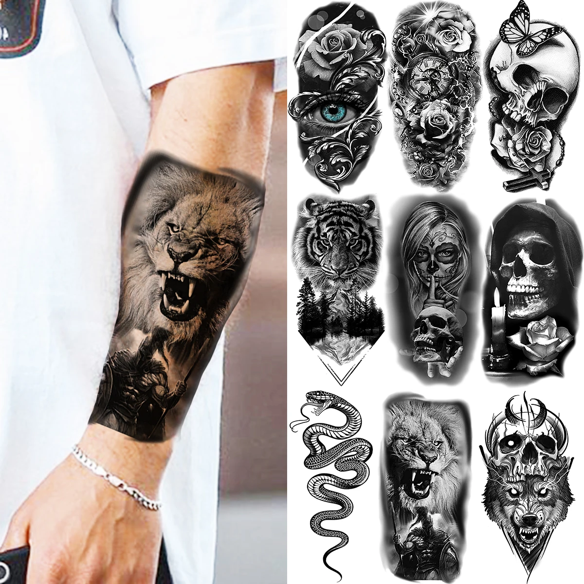 

Black Lion Knight Temporary Tattoos For Women Men Snake Tiger Eye Flower Vampire Skull Wolf Fake Tattoo Sticker Arm Leg Tatoos