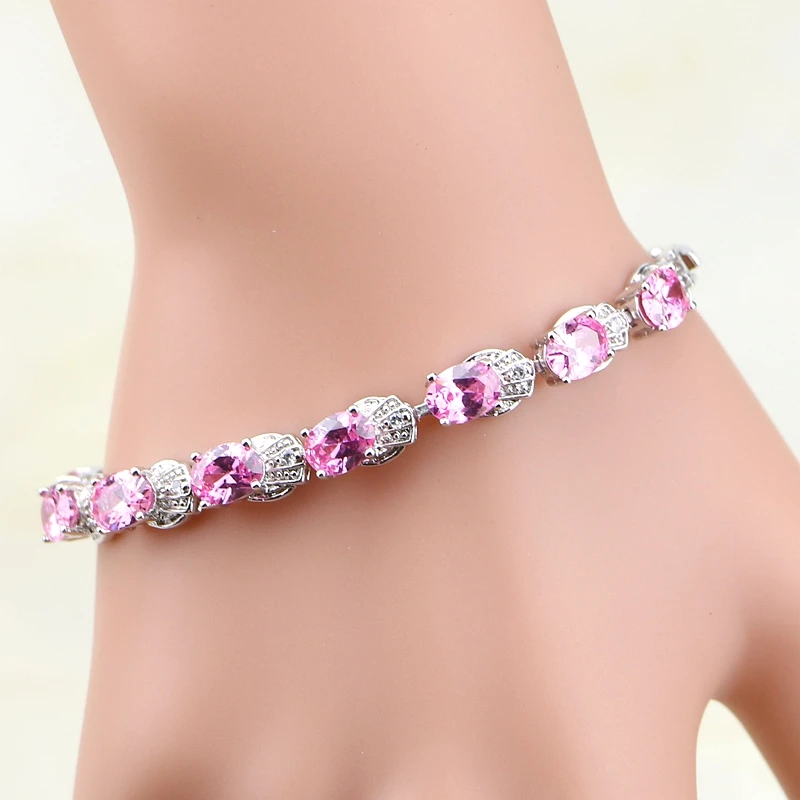 

925 Sterling Silver Jewelry Captivating Oval Love Pink Cubic Zirconia Charm Chain Link Stylish Bracelet For Women Free Gift Box