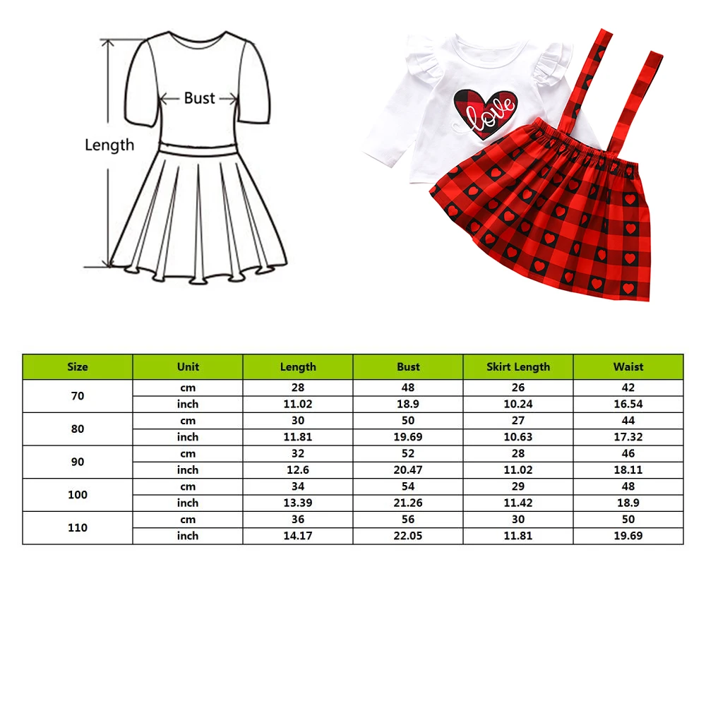 OEAK Toddler Kids Baby Girls Valentine's Day Heart Tops Plaid Skirts Outfits Clothes Long Sleeve Summer Clothing Sets | Мать и