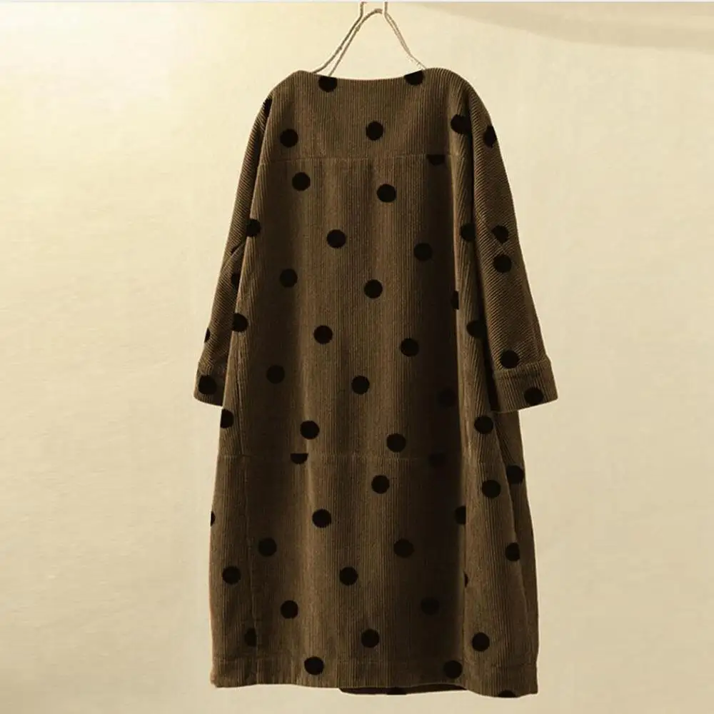 Женское вельветовое платье с круглым вырезом длинным рукавом и принтом в горошек