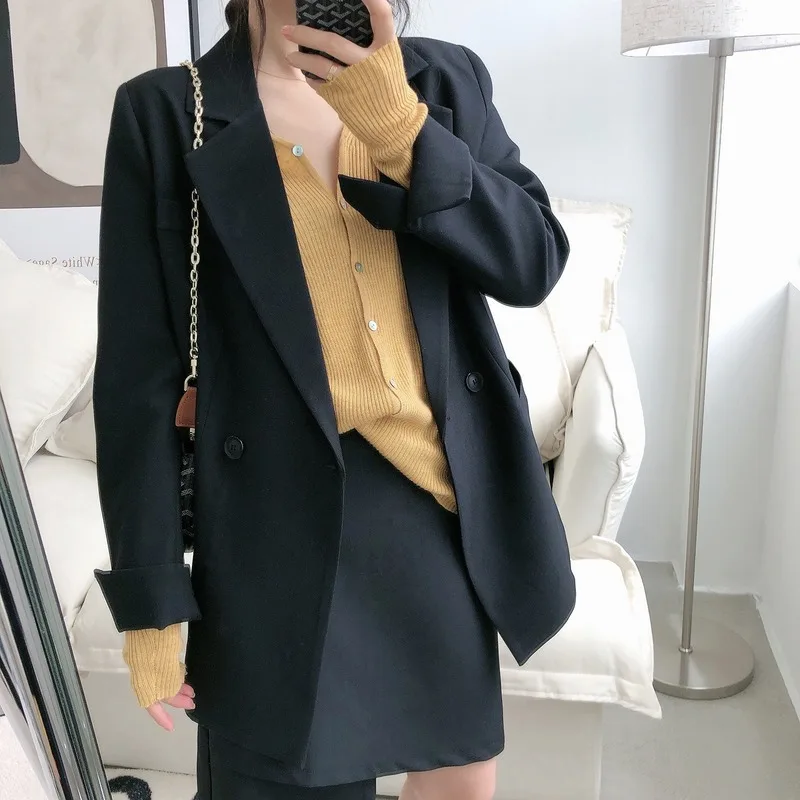

V Neck Blue Women Elegant Blazers Mid Length Double Breasted Solid Colors Loose Suits Office Lady All Match Long Sleeve Blazer
