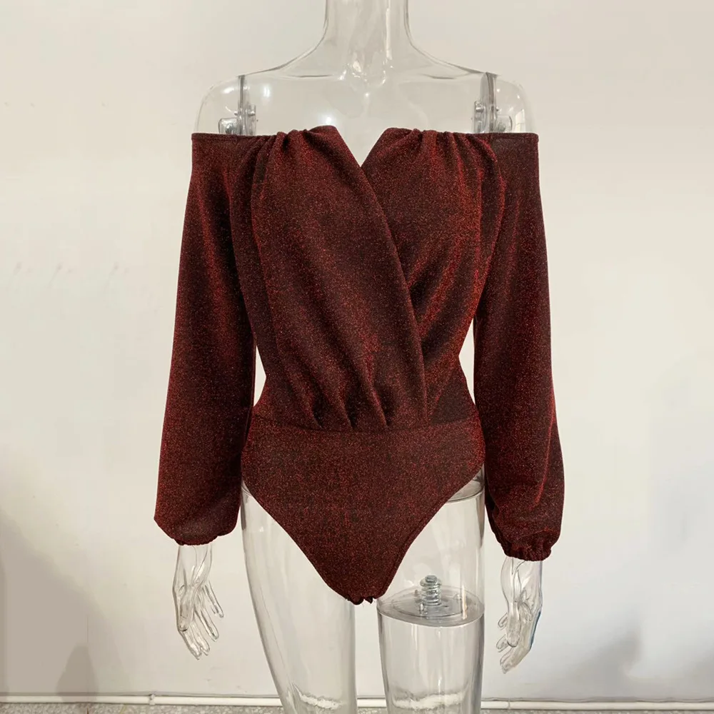 

2020 Spring Sexy Slash Neck Sparkly Bodysuit Long Sleeve Pleated Off Shoulder Backless Rompers Womens Jumpsuits Clothes