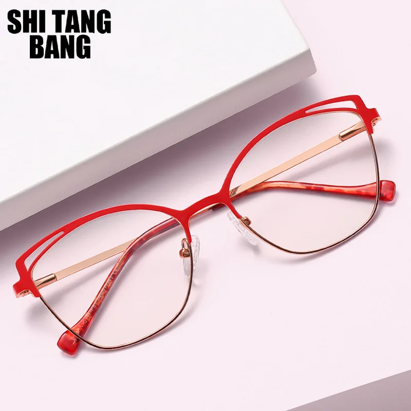 

Очки женские оптические в металлической оправе, трендовые красные очки кошачий глаз с синим свесветильник, с пружинными петлями, с защитой ...