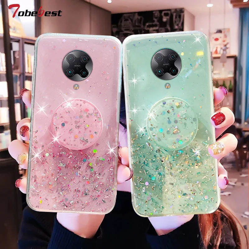 bling glitter silver foil phone holder case for xiaomi mi poco x3 nfc m3 f2 pro x2 redmi k30 k20 pro core silicone cover free global shipping
