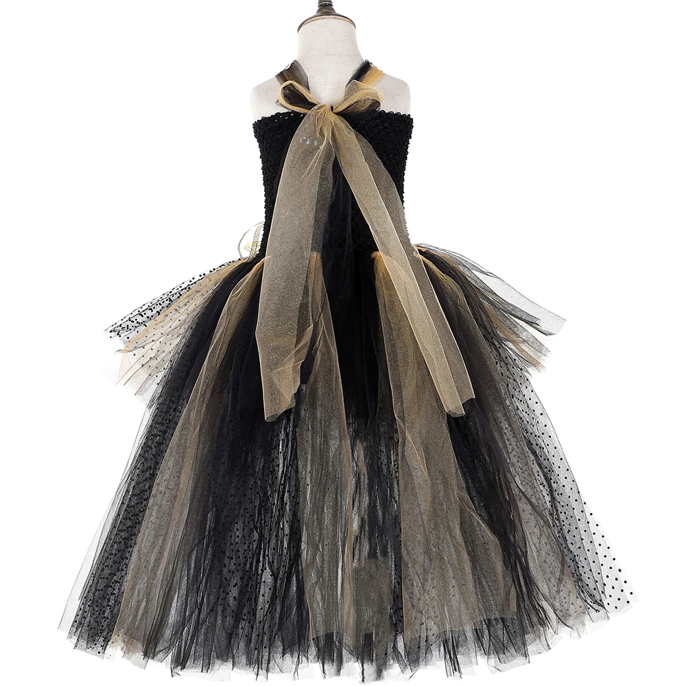 Gold &amp Black Girls Tutu Dress with Train Princess Flower Girl Tulle Kids Wedding Evening Birthday Party Dresses Ball Gown | Детская