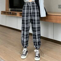 houzhou harajuku plaid pants women high waisted korean style oversize checkered trousers for female straight casual bunch legs