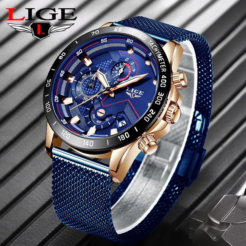 Модный бренд lige стальной сетчатый ремень спортивные мужские часы Топ Роскошные