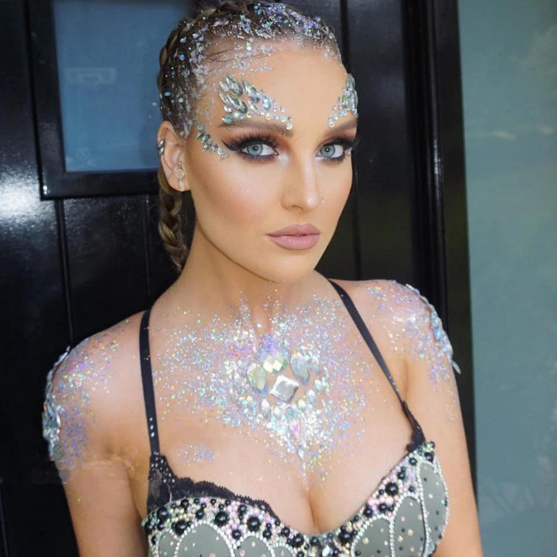 

1 Sheet Crystal Chest Jewels Temporary Tattoo Sticker 3D Stage Rhinestone Flash Tattoos Adhesive Face Jewel Chest Gem Body Paint