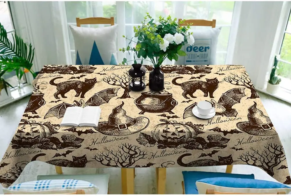 Прямоугольная скатерть в винтажном стиле с рисунком животных кота тыквы совы