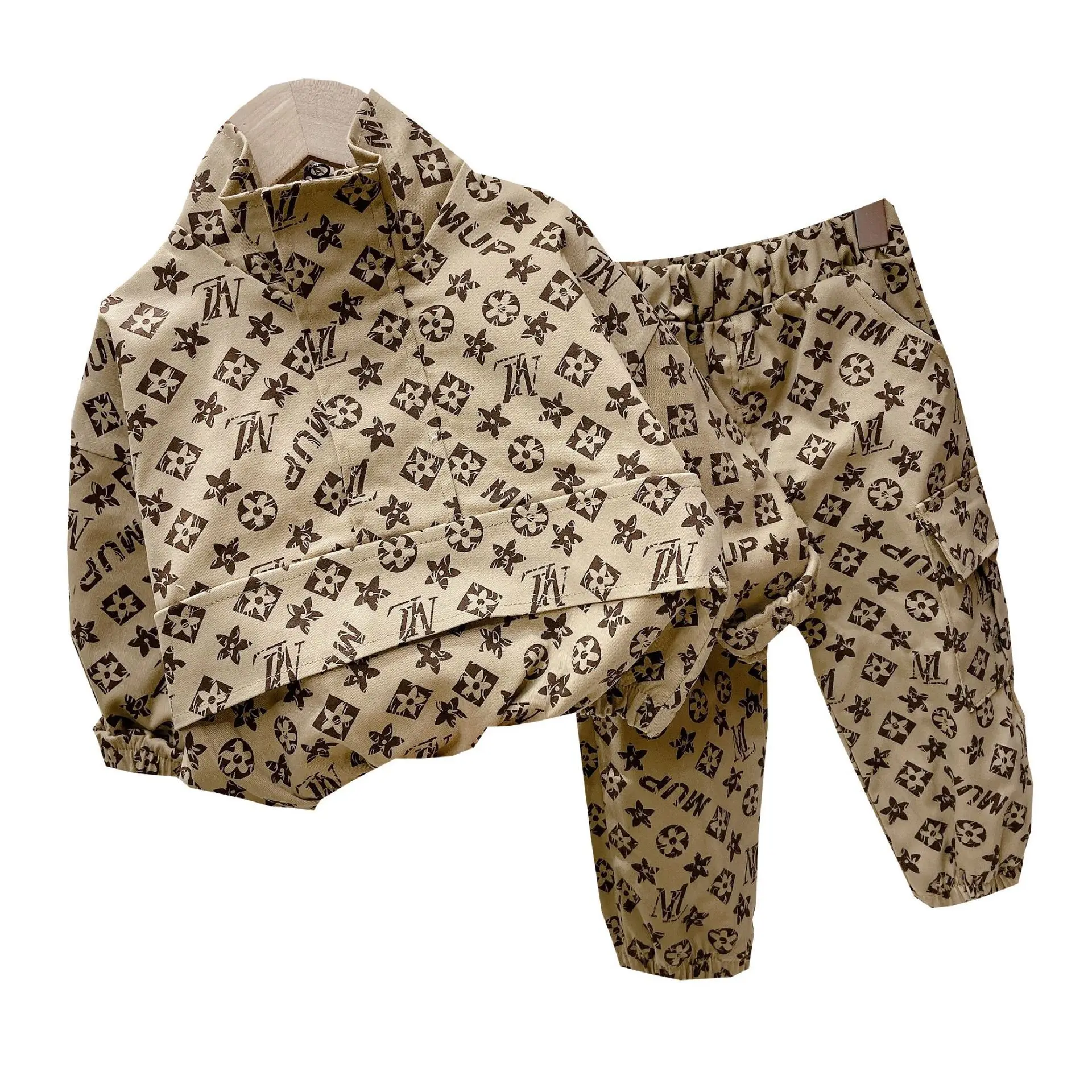 Traje de ropa para ni&ntilde;os, ropa deportiva de moda con cuello levantado, Top de manga larga, pantalones de dos piezas con costuras, primavera y oto&ntilde;o-4