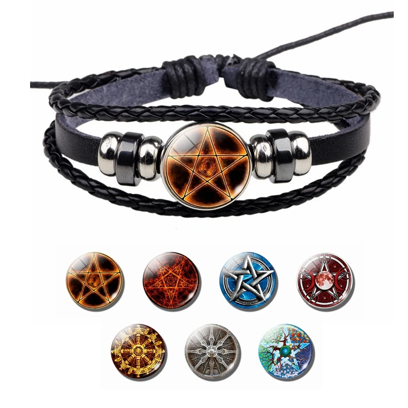 

Pagan Charm Gothic Black Bangle Pentagram Star Symbols Wiccan Pentacle Leather Bracelets Vintage Jewelry Gift for Women Men