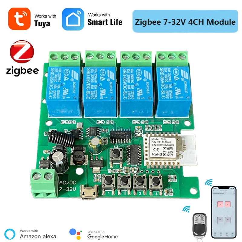 

Модуль переключателя Zigbee, прибор для открывания двери гаража, 12 В, 24 В, 4 канала, RF 433