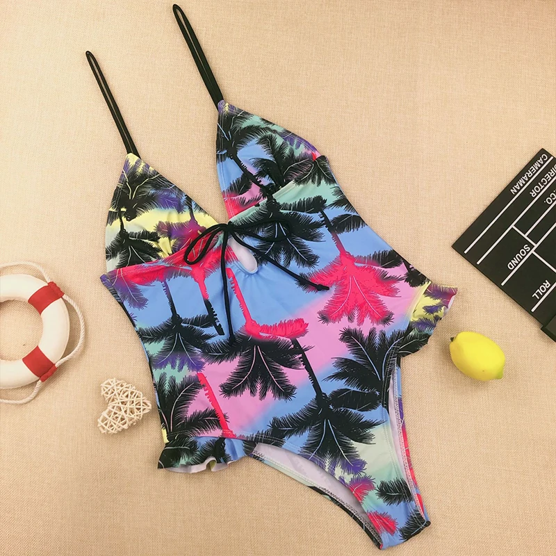 

Women's Printed Bandage One-Piece Swimwear Sexy Hollow Out Bodysuit Swimsuit 2021 Summer Push Up Bikini Monokini Beachwear Mujer