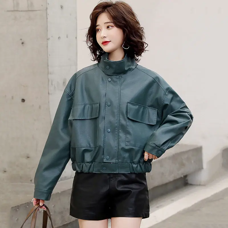 

Куртка-бомбер женская из искусственной кожи, однотонная, на молнии, с воротником-стойкой, на осень/зиму, e494