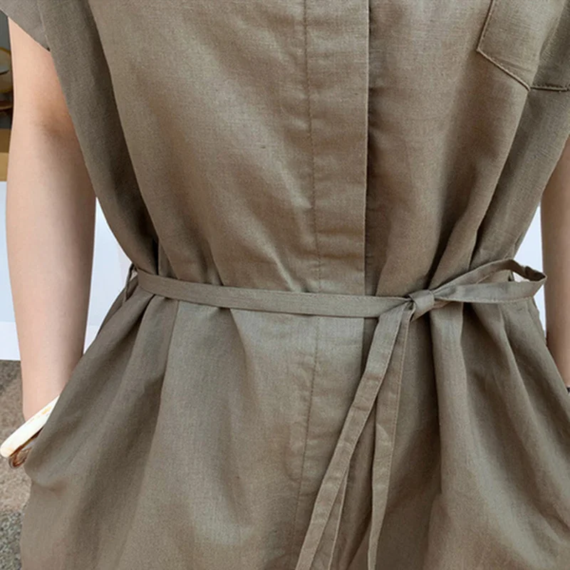 

2021 Summer Korean Loose Single Breasted Lace Up Belt Cotton Linen Midi Shirt Dress Fashion Casual Button A Line Women Clothes